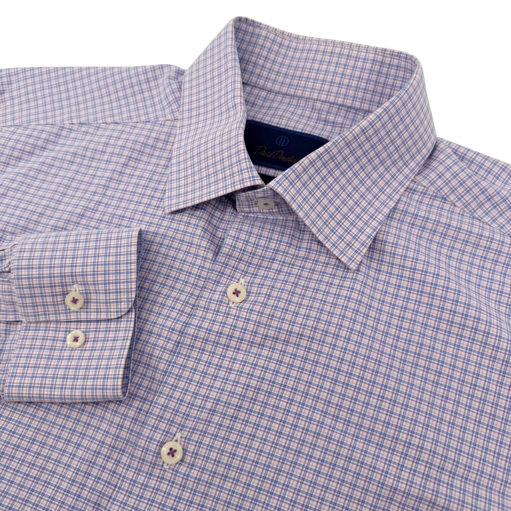 David Donahue Dress Shirt Mens 16.5 32/33 Purple Trim Fit Micro Check Cotton